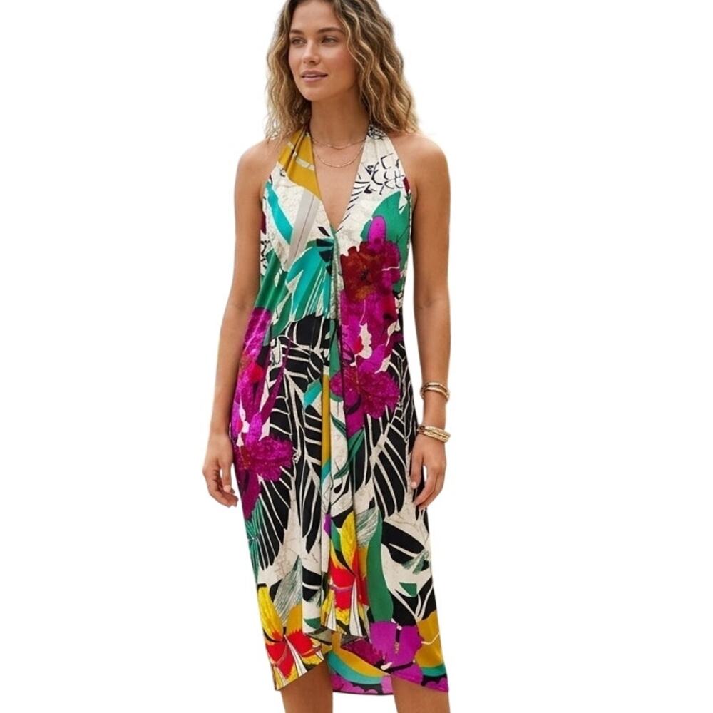 Coco Bianco Halter Dress Womens Medium Colorful Tropical Print Backless Resort